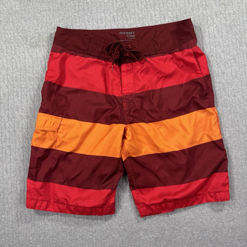 Old Navy‎ Swim Trunks Mens M Red Orange Rugby Stripe Liner Shorts Swim Surf
